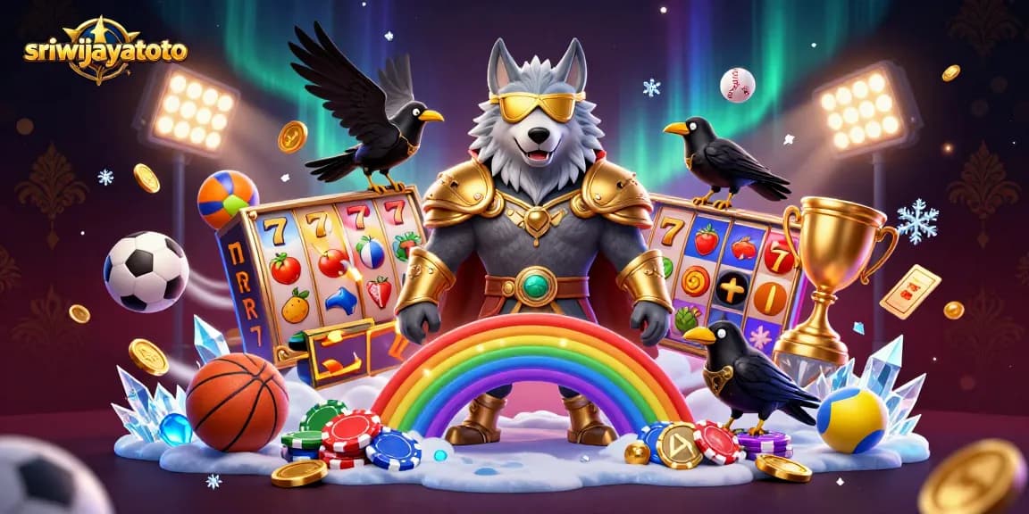 Sriwijayatoto showcases a vibrant 3D scene with Odin wolf and slot symbols, emphasizing jackpot excitement.