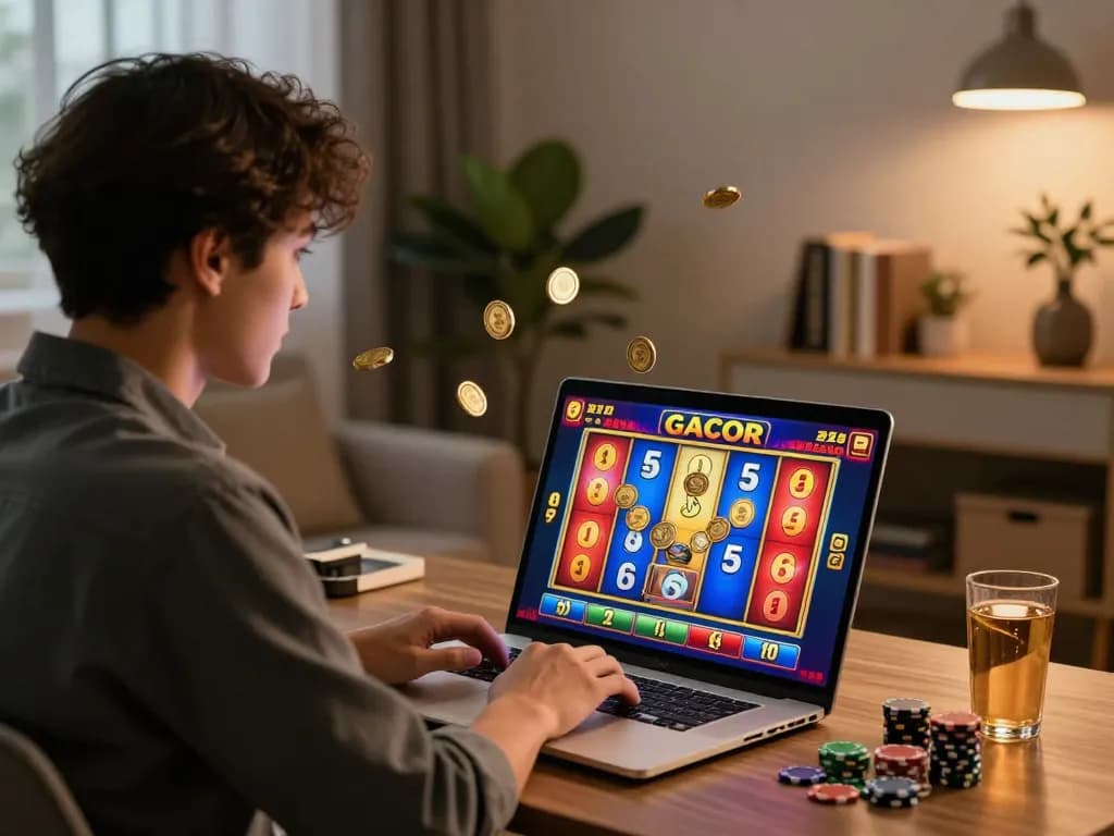 Engaging with a slot gacor game at home, enjoying vibrant visuals and virtual wins