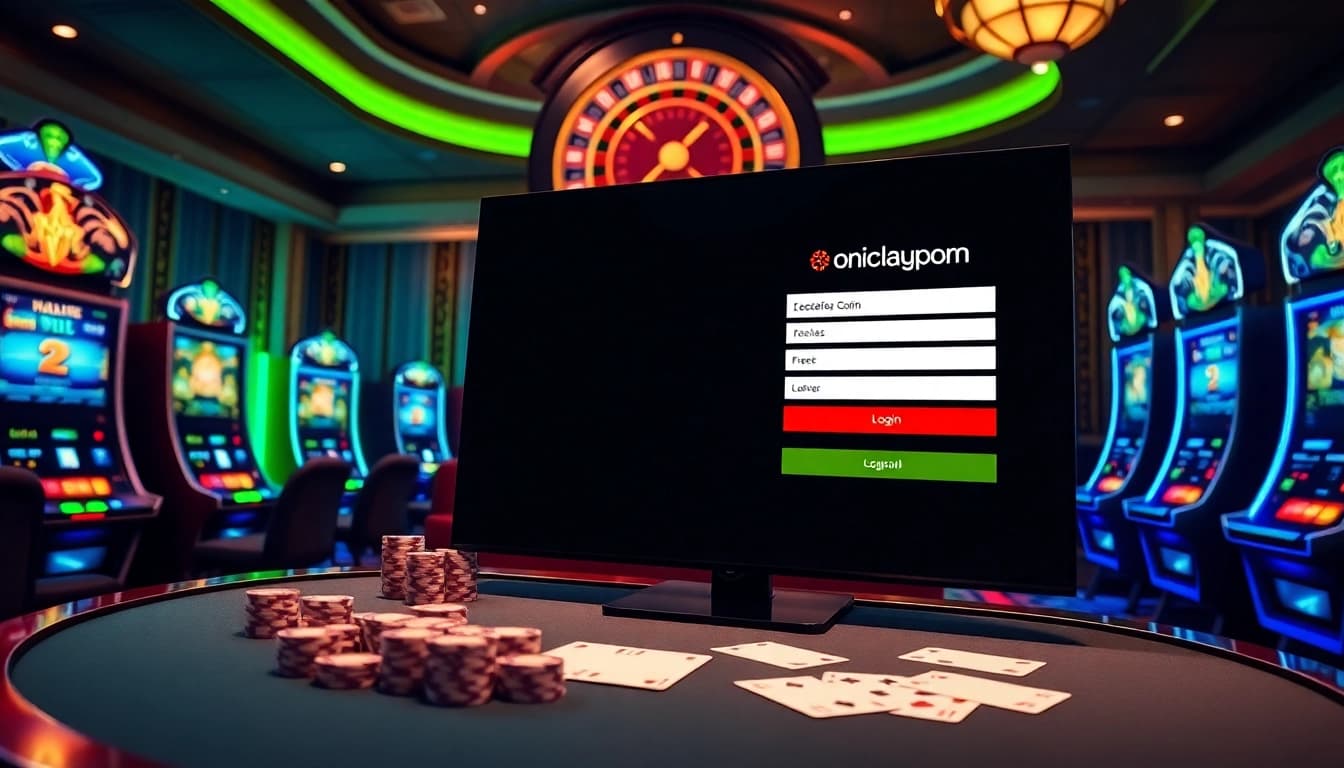 Experience the excitement of onicplay login at a luxurious online casino scene with vibrant slot machines and poker tables.