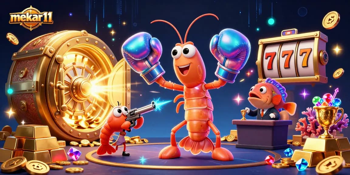 Mekar11 showcases a vibrant gambling scene featuring a mantis shrimp champion, bursting treasure, and slot reels.