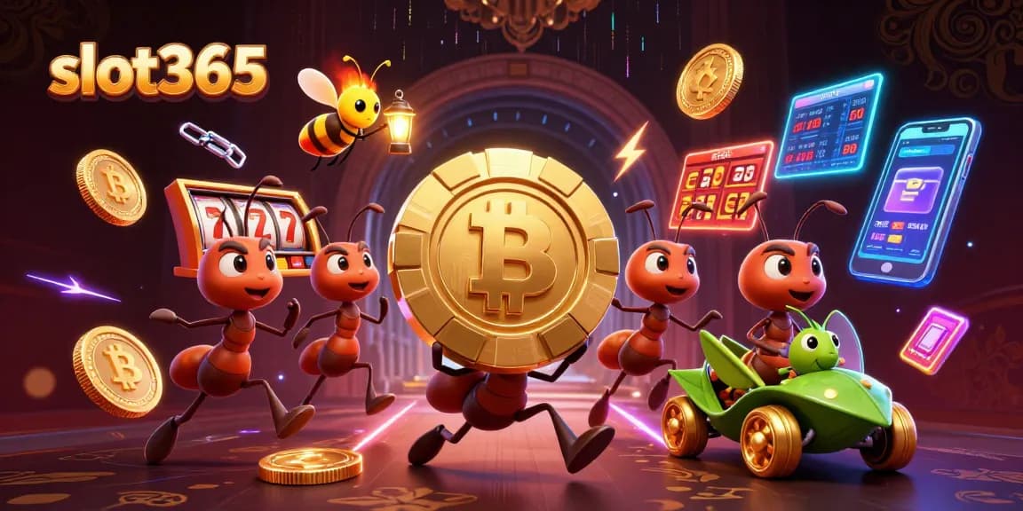Engage in thrilling gameplay with slot365, as ants run a heist for a giant poker chip amidst vibrant casino elements.