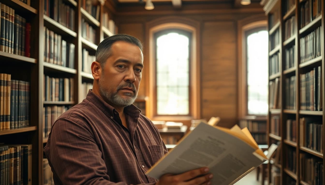 Dee Brown reflecting on his writing in a cozy library, surrounded by books.