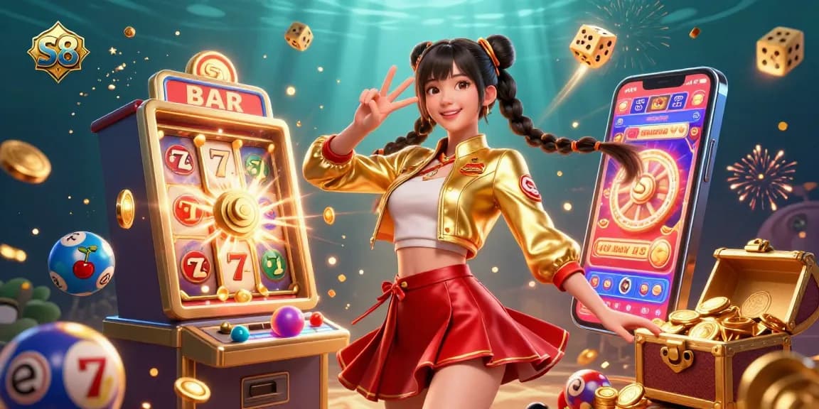 S8 offers thrilling casino experiences as a joyful woman celebrates around vibrant slot machines and prizes.