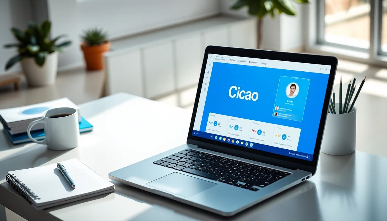 CiaoTool interface displayed on a silver laptop in a bright modern workspace.