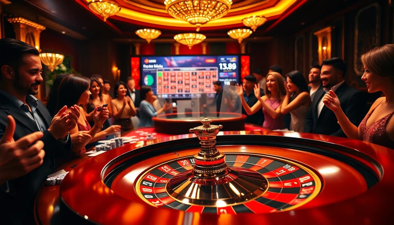 Players enjoying a thrilling game of roulette at TR88 casino, surrounded by vibrant decor.