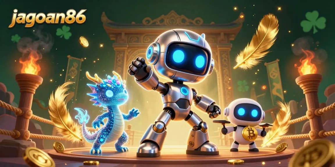 Engage with jagoan86's immersive casino experience featuring robot mascots and vibrant game elements.