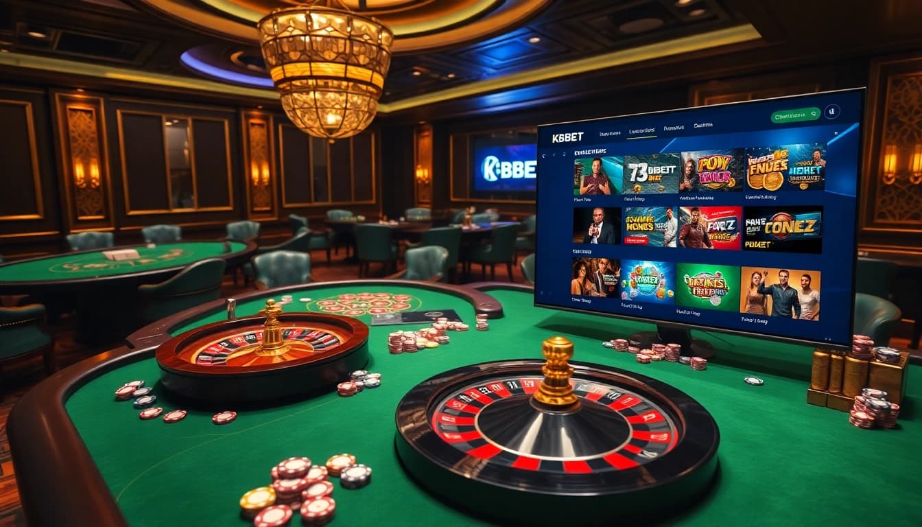 KBBET gaming experience with poker tables and vibrant gambling atmosphere.