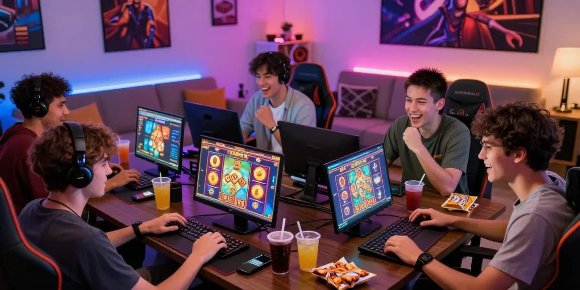 Engaged gaming community enjoying ZEUS222 slot games in a modern living room.