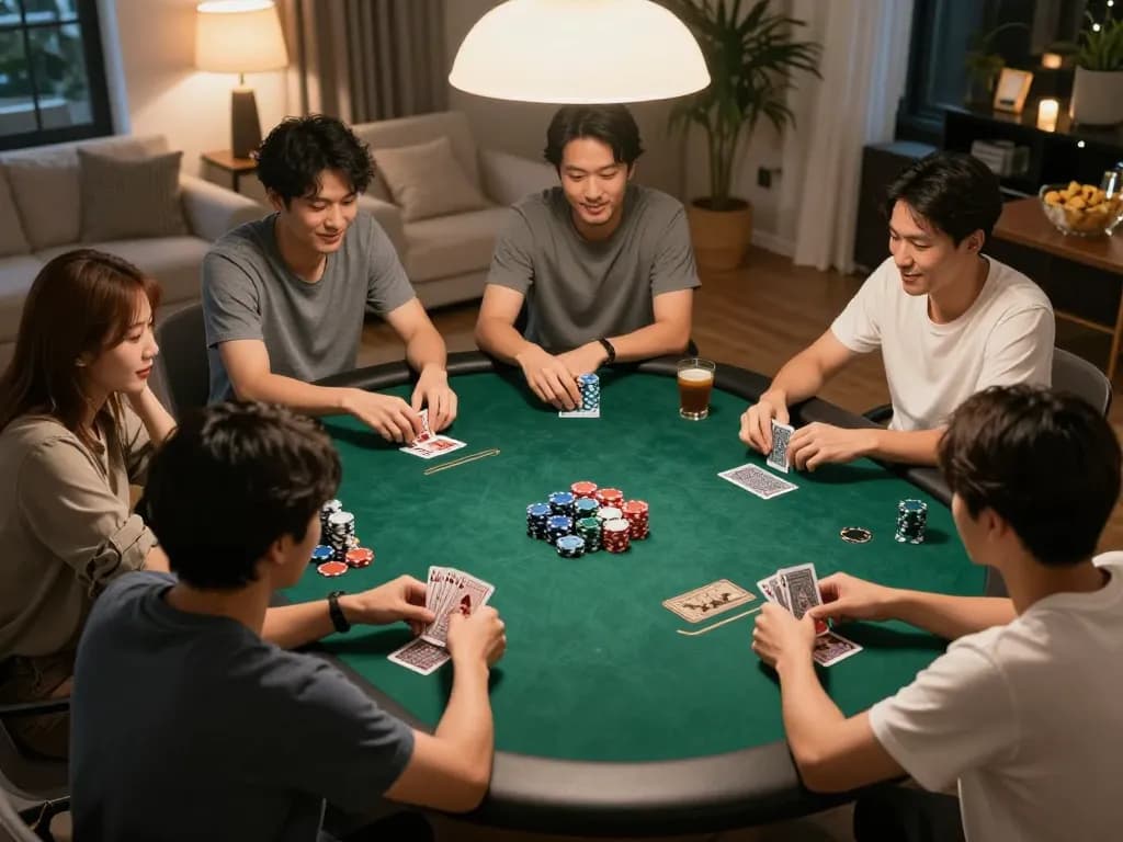 uu88 poker players strategizing at home table with chips stacked and laughter shared