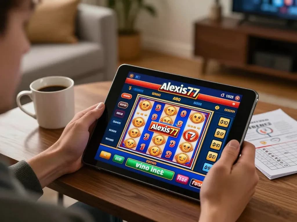 Engaging with alexis77 online casino game on a tablet in a cozy home setting, emphasizing excitement and convenience.