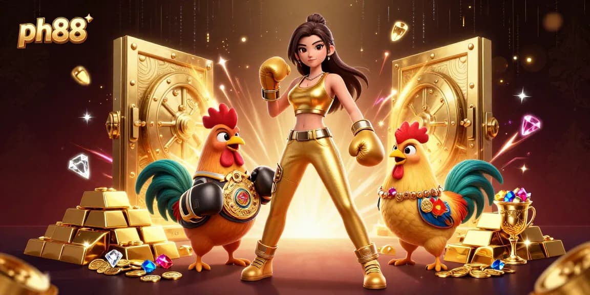 Engage with ph88's vibrant casino world showcasing golden treasures, a powerful woman, and championship elements.