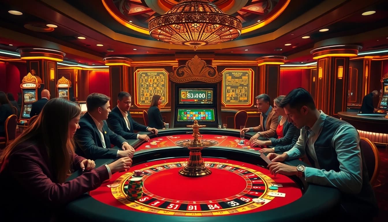 Experience the excitement of playing viral4d on a luxurious slot machine in a vibrant casino setting.