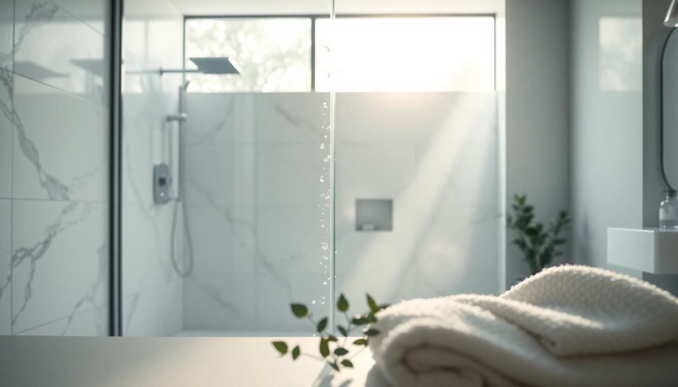 View of a paroi de douche sirhona en verre dans une salle de bain moderne, mettant en valeur son élégance.