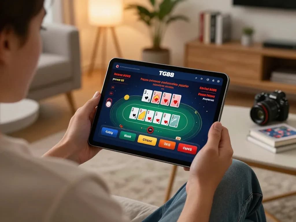 TG88 player engaging in a strategic poker game online from a cozy home setting