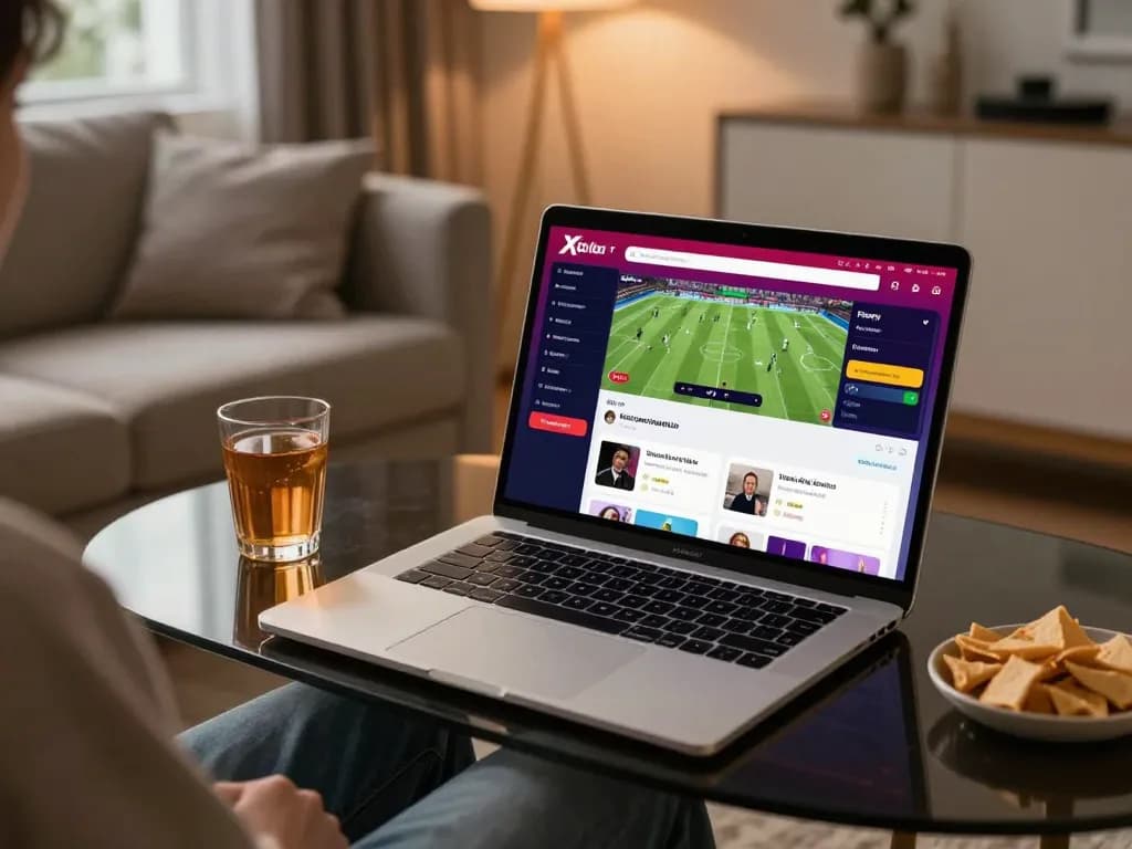 Xoilac TV user engages in online sports betting with a live stream on their laptop, in a cozy home setting.