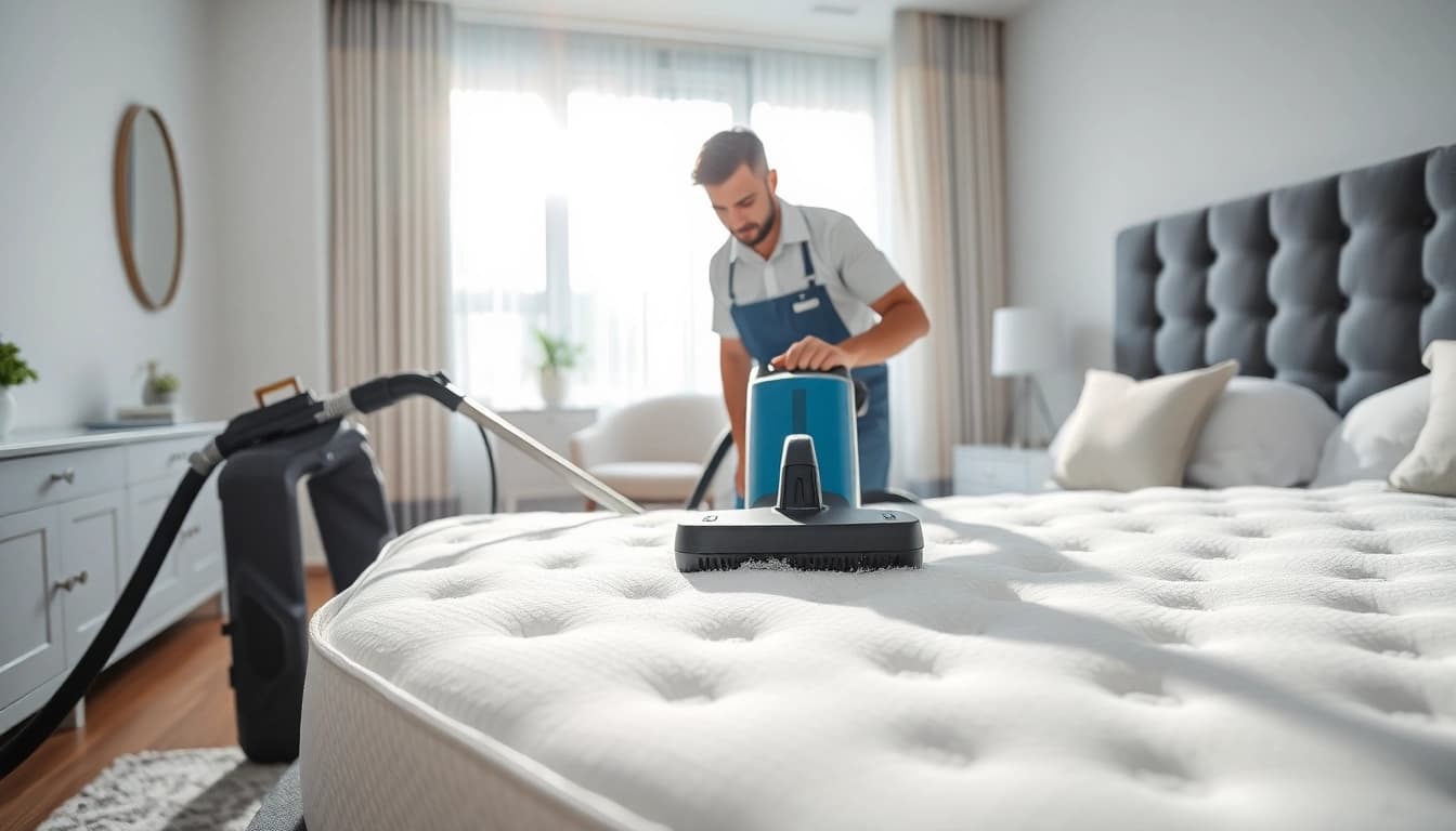 Experience mattress cleaning Dubai with expert technicians revitalizing a stylish bedroom.