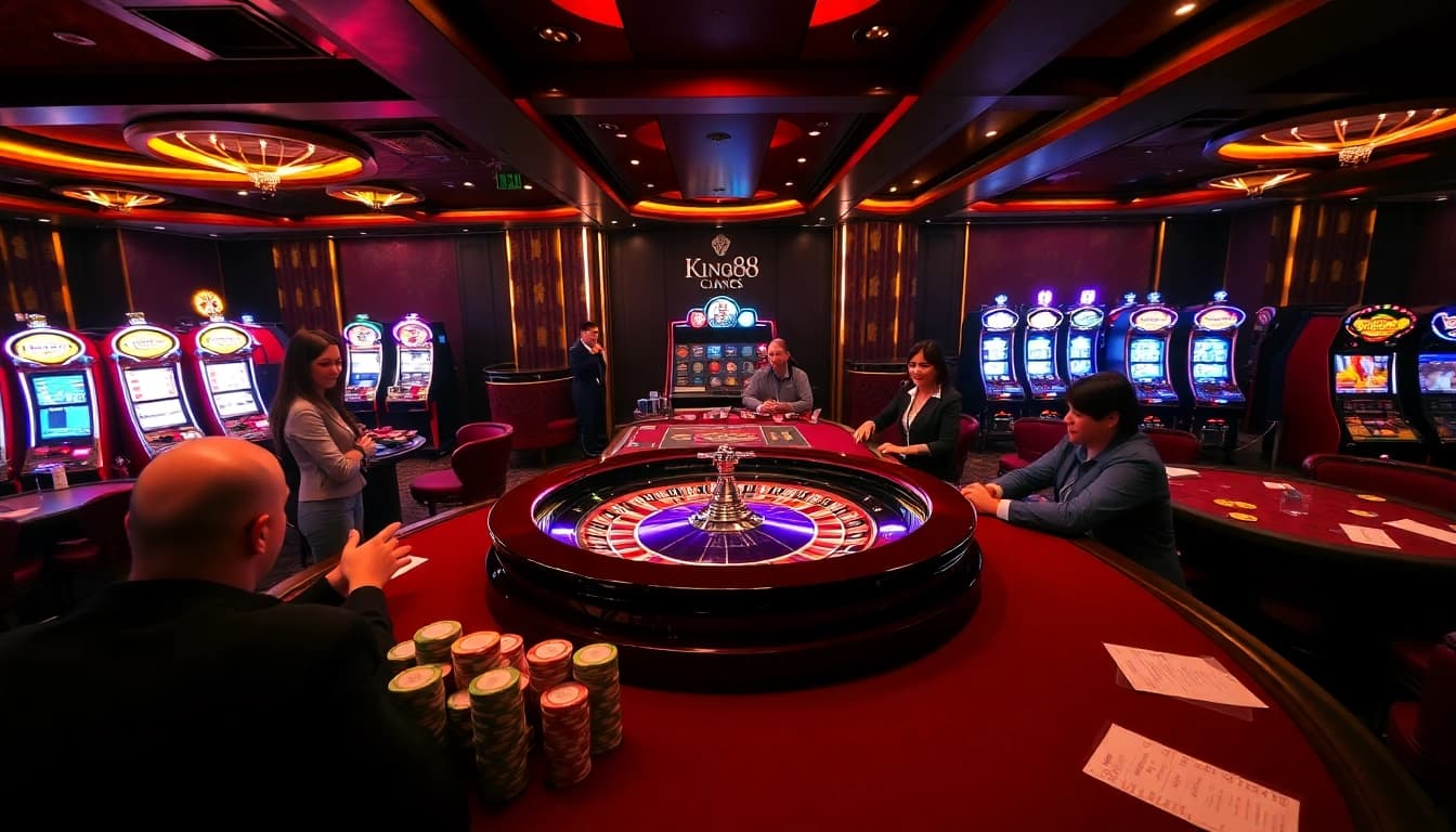 Engaged players at a luxurious casino table featuring https://king88.limited/ and vibrant poker chips.