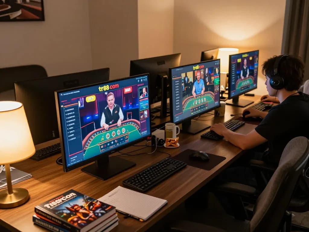 Player engaging with tr88 com online casino app on multiple screens, showcasing strategic gameplay elements