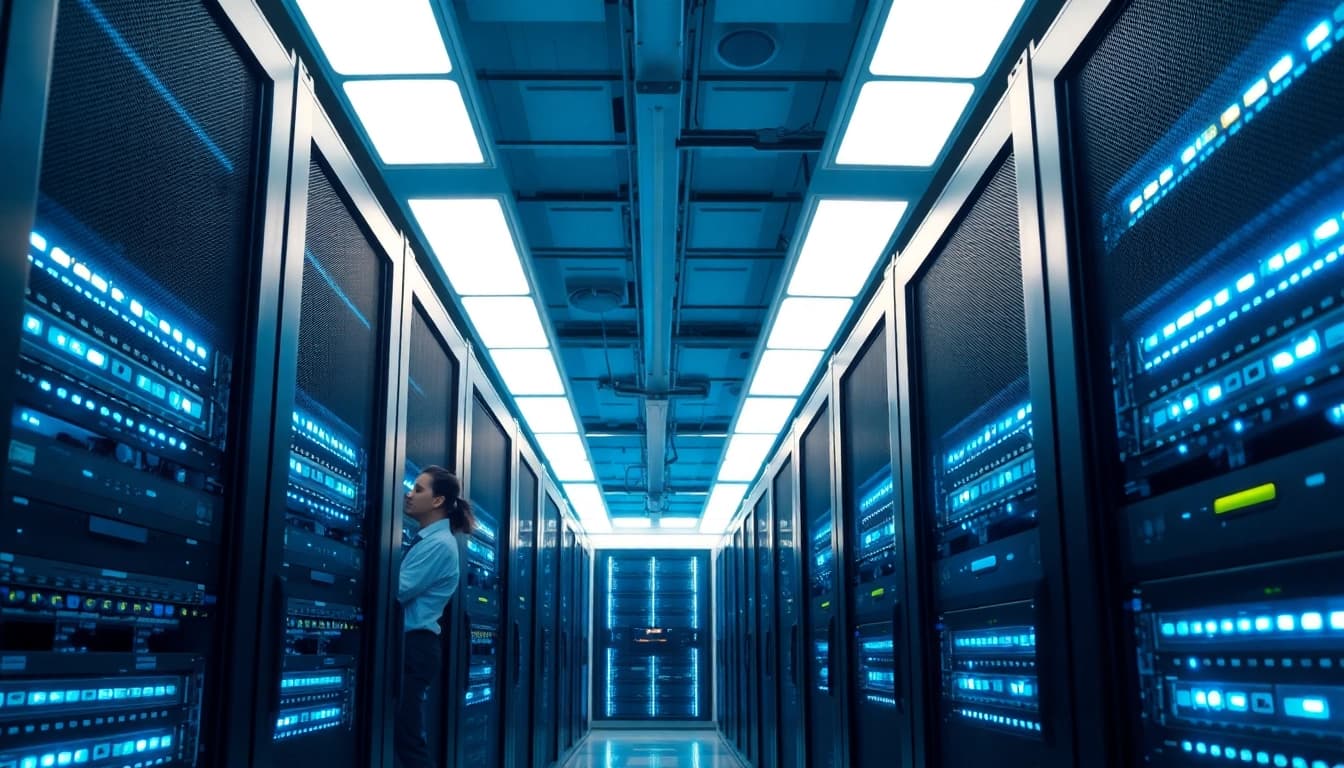 Streamlined server room at https://aminserve.com showcasing high-performance technology and maintenance.