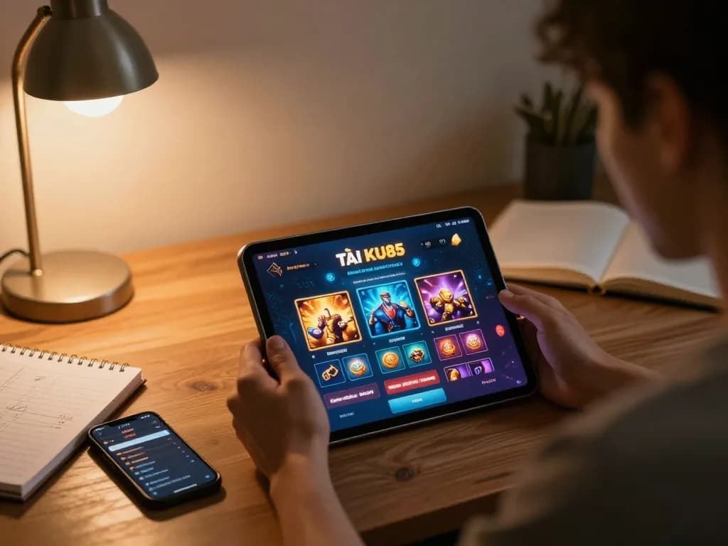 TẢI KU88 app showcased on a tablet during a cozy home gaming session, enriching the online gambling experience.