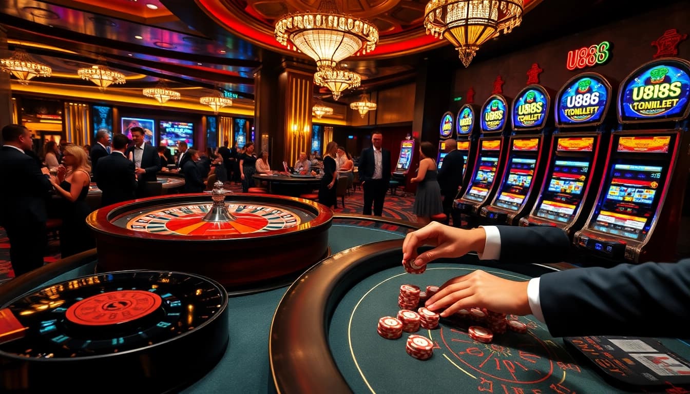 Engaged players enjoying u888 at an upscale casino with lively gambling tables and slot machines.