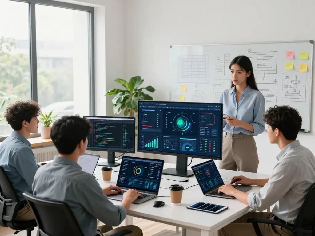 Team of developers collaborating on Schneider energy management software in a modern office setting.