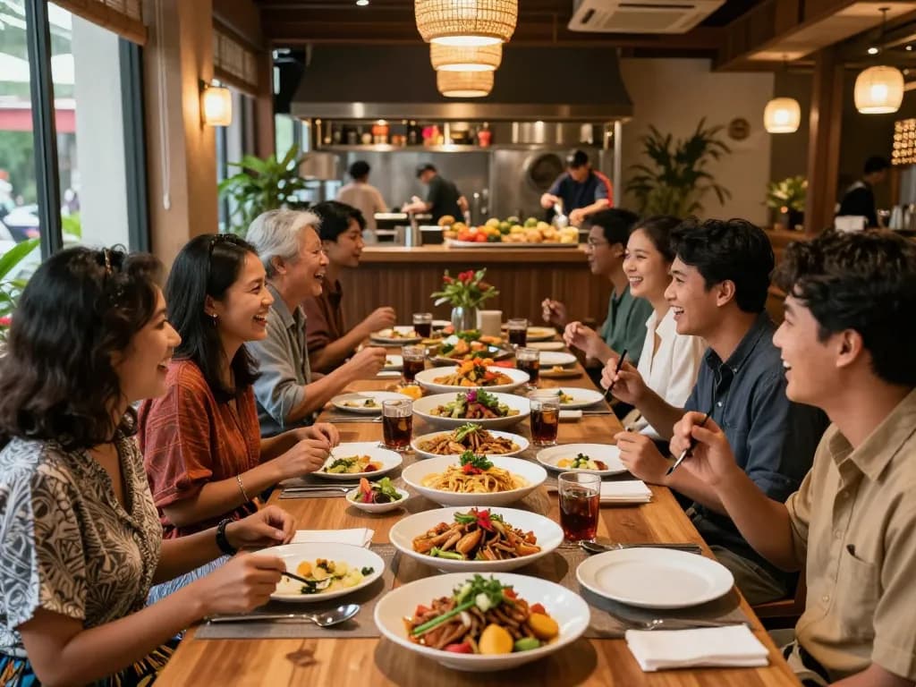 Friends enjoying a vibrant dining experience at Pokerseri restaurant with delicious dishes.