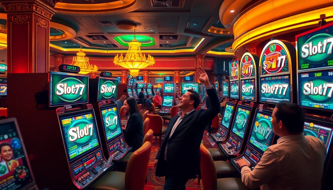 Excited players celebrating wins on Slot777 machines in a vibrant casino atmosphere.