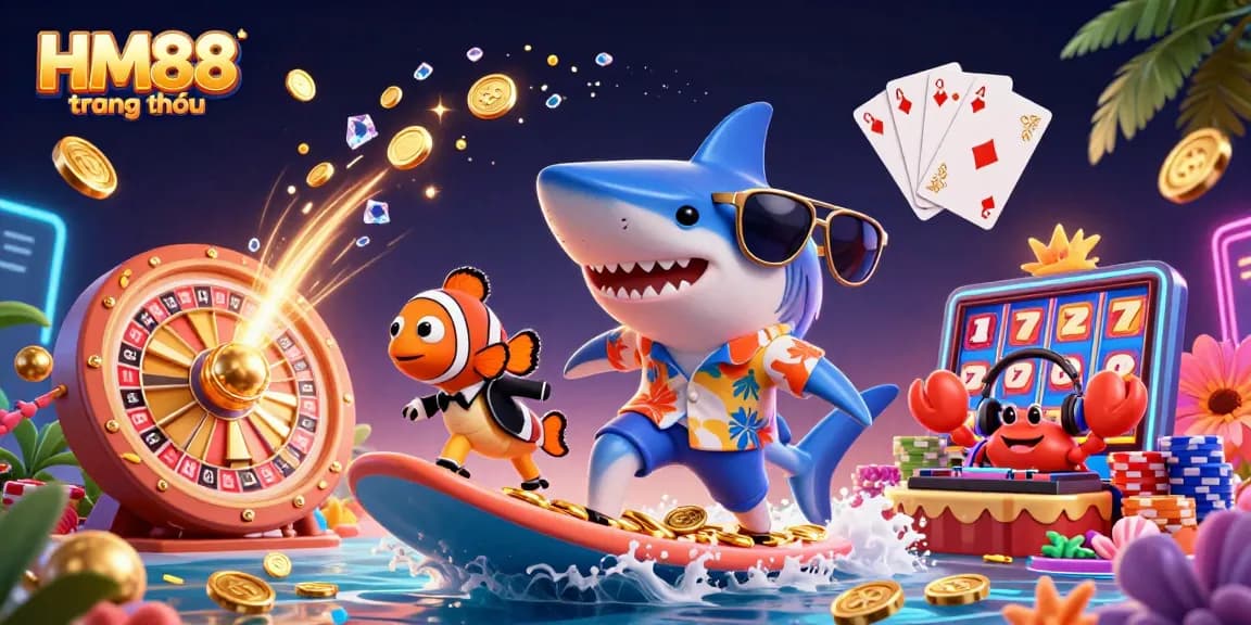 Experience the excitement of HM88 trang chủ with a vibrant 3D casino illustration featuring popular gaming elements.