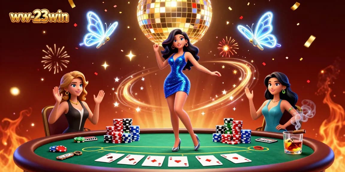 Engage with the thrill of ww-23win through vivid casino visuals, including poker chips, vibrant confetti, and a glamorous atmosphere.