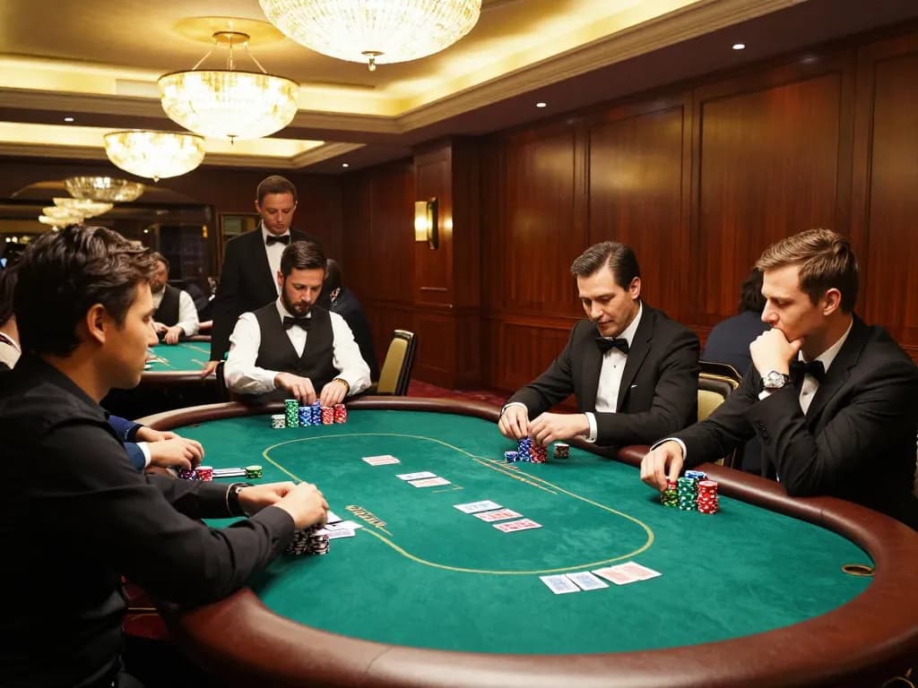 EE88 players engaged in a thrilling poker game at a luxury casino, showcasing vibrant action and strategy.