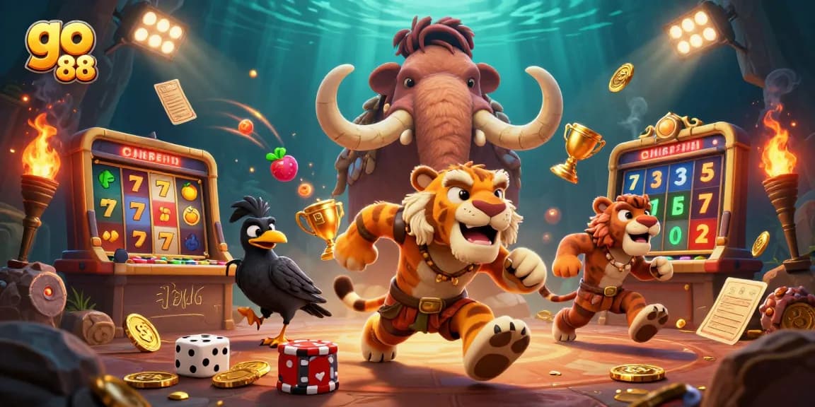 Experience the thrilling go 88 casino with caveman and sabertooth characters in a lively, vibrant setting.