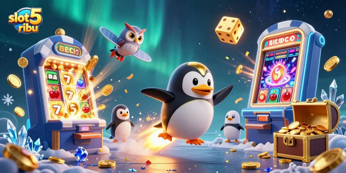 Engage in slot 5 ribu action as a golden penguin blasts through space towards a jackpot explosion scene.