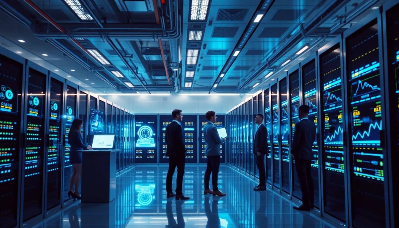 Cloud mining facility with high-performance servers and digital interfaces showcasing cryptocurrency mining technology.