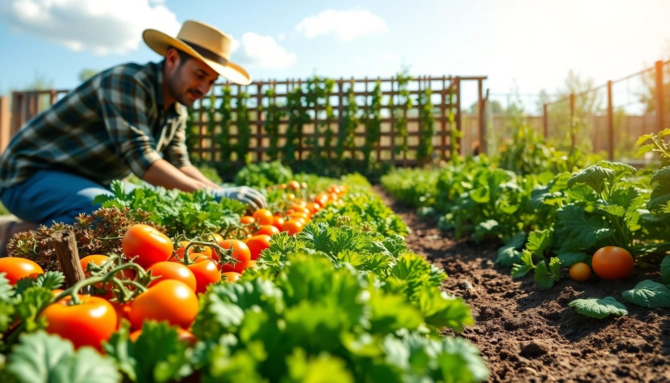 Gardening with vibrant heirloom vegetables tended by a dedicated gardener.