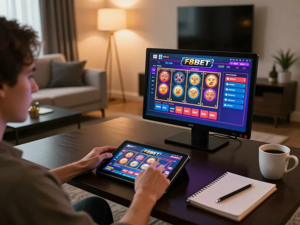 Experience F8BET gaming with vibrant interface on tablet in cozy home setting