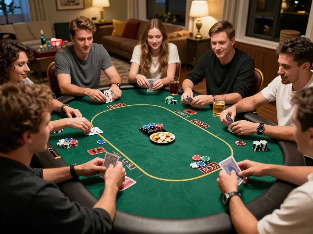 Go8 players engaged in an intense poker game around a round table with chips and cards visible, creating a friendly competition atmosphere.