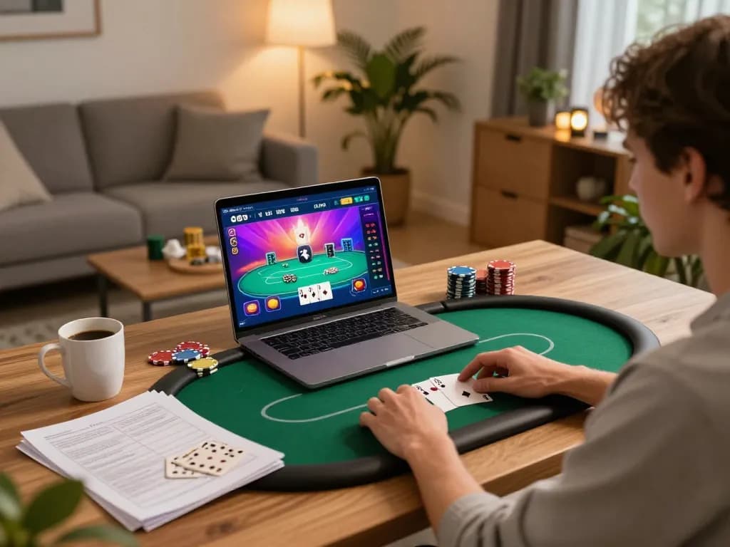 Engaging online gaming experience at lu88.jpn.com with vibrant poker gameplay and cozy home atmosphere.