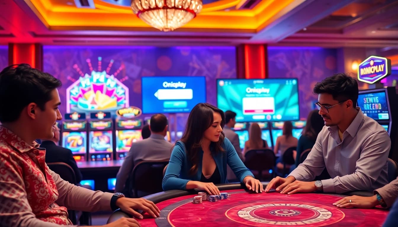 Engage with the excitement of onicplay login at a luxurious casino, showcasing players and slot machines.