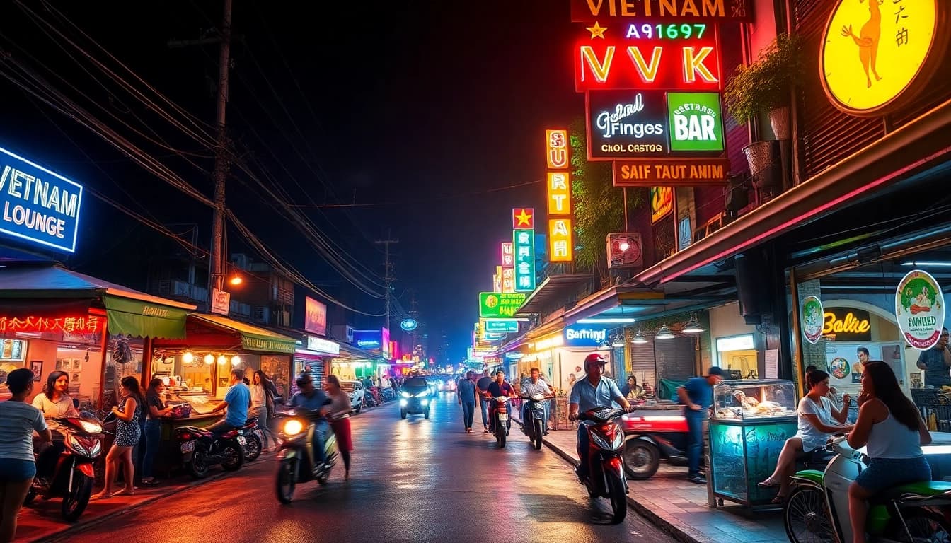Experience the vibrant 베트남밤문화 with lively street scenes filled with neon lights, socializing, and local entertainment.