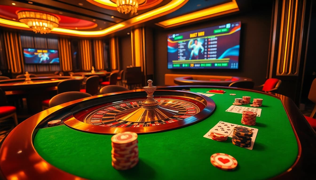 Kết quả bóng đá displayed on a luxurious casino table featuring roulette and vibrant chips.