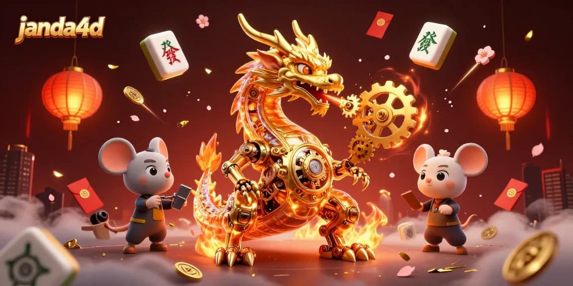 Janda4D menghadirkan kemenangan besar dengan dragon emas dan elemen permainan menarik dalam ilustrasi kasino.