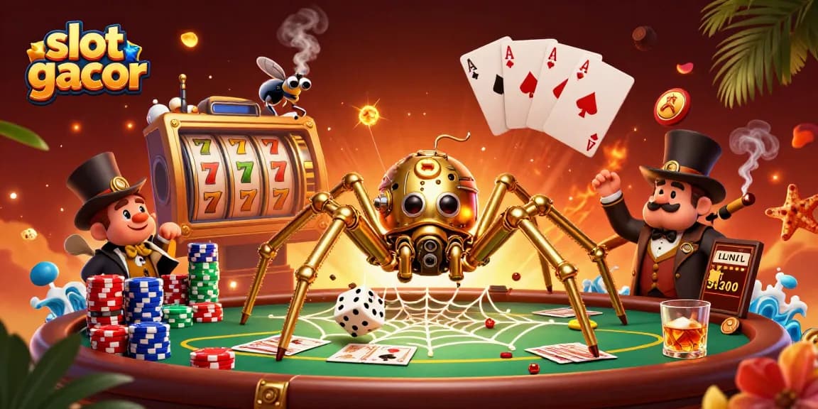 Engage with slot gacor on an intricate 3D scene featuring a steampunk spider and poker elements.