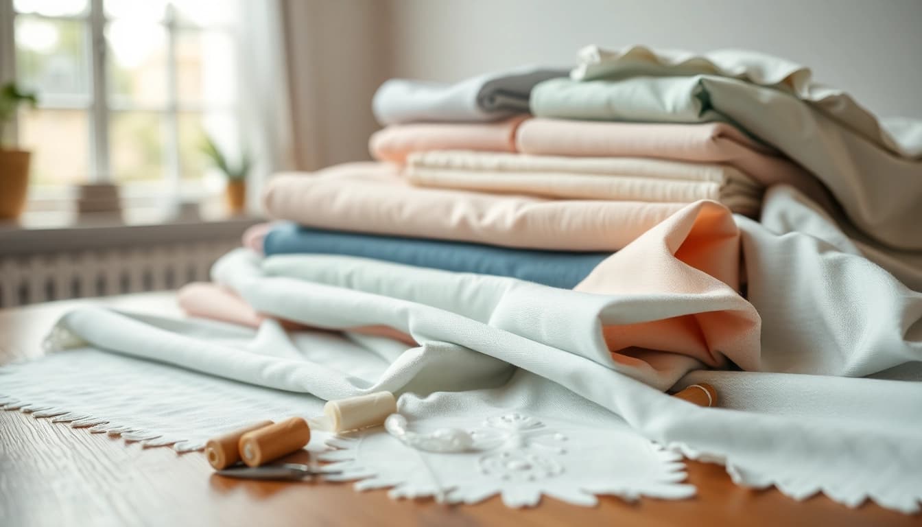 Katoen stoffen assortiment met diverse stoffen en accessoires op een tafel.