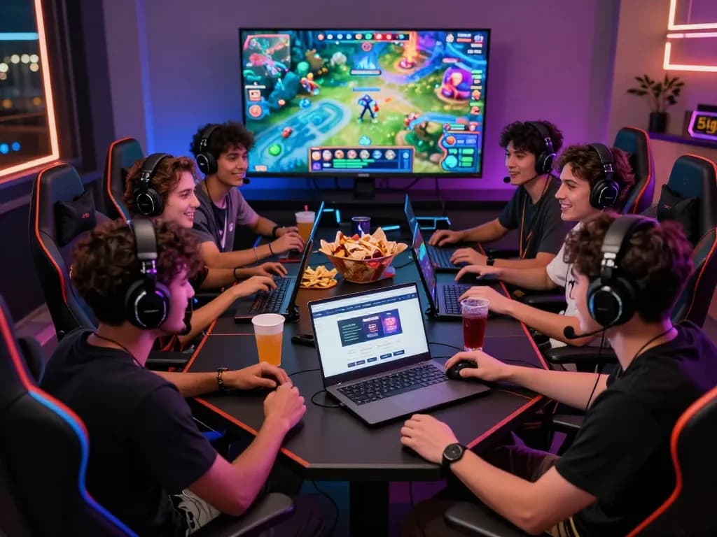 Friends enjoying mantra88 mobile games in a vibrant gaming lounge setting.