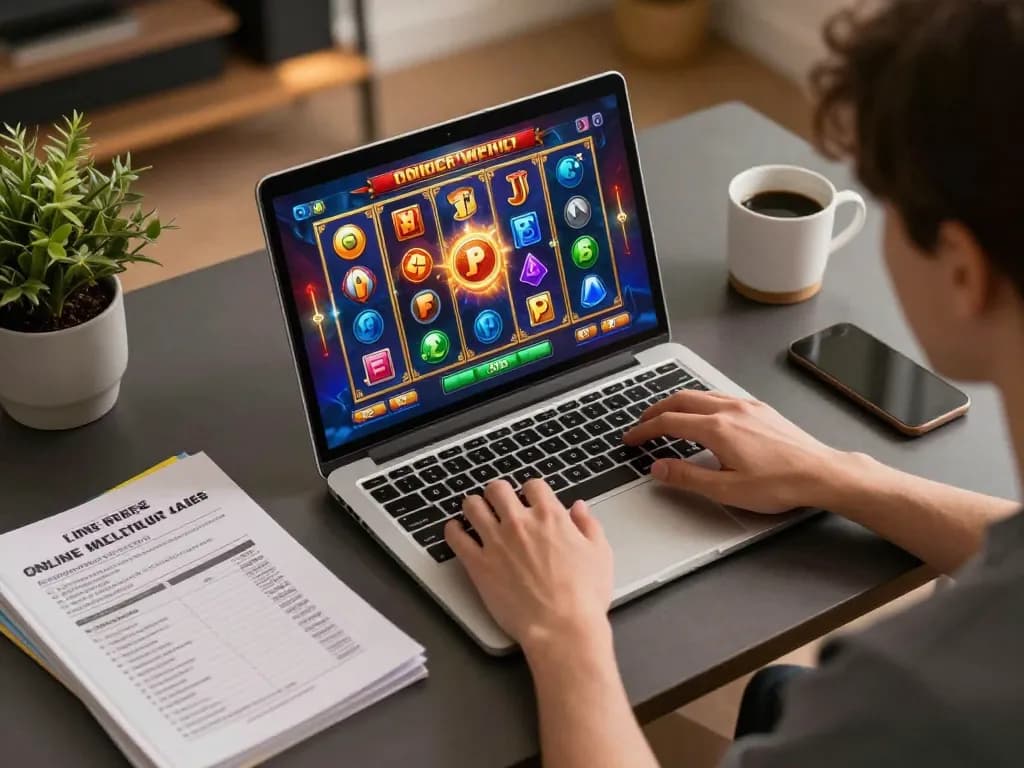 Engaging in slot demo gaming on a laptop, showcasing colorful game interfaces in a cozy home setting.
