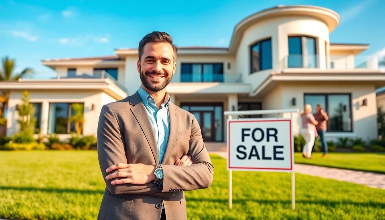 Real Estate agent showcasing a modern home for sale in a welcoming environment.
