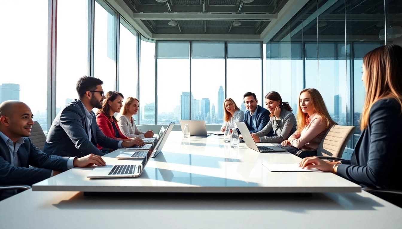 Business collaboration among a diverse team in a modern office, showcasing teamwork and innovation.