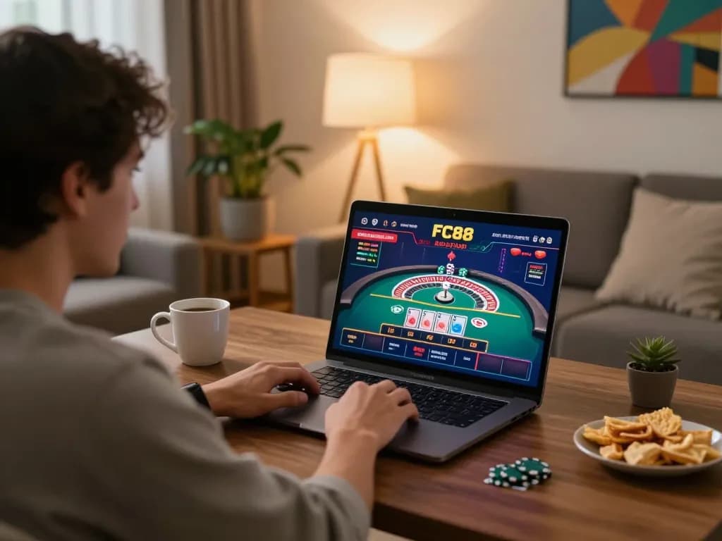 Player engaging in online casino gameplay on FC88's platform from the comfort of home