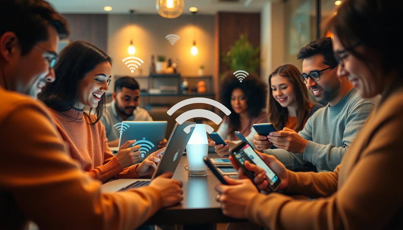 快连VPN users enjoying seamless online experiences in a cozy café setting with modern digital devices.